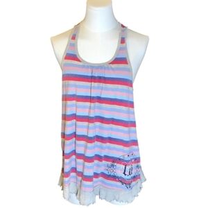L.E.I  Y2K Gray Multicolor Stripes Pajama Tank Top With Logo Size Large